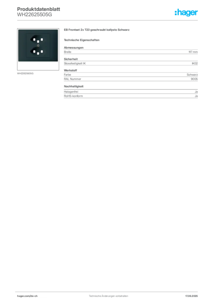 Bild Hager Produktdatenblatt WH22625505G | Hager Schweiz