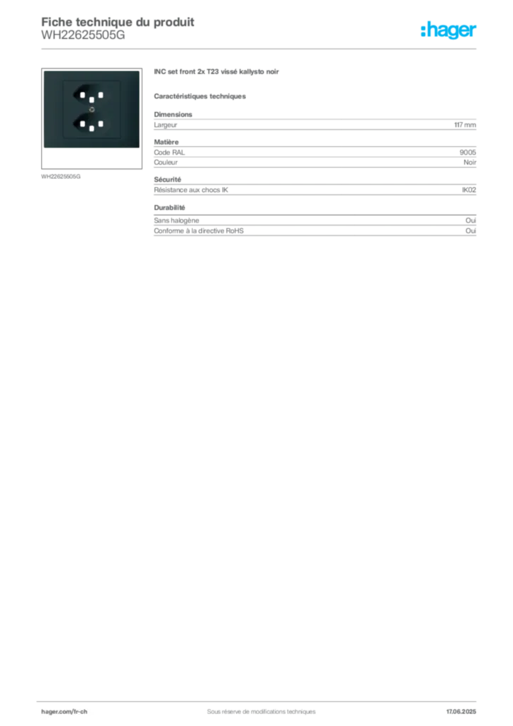 Image Hager Fiche technique du produit WH22625505G | Hager Suisse