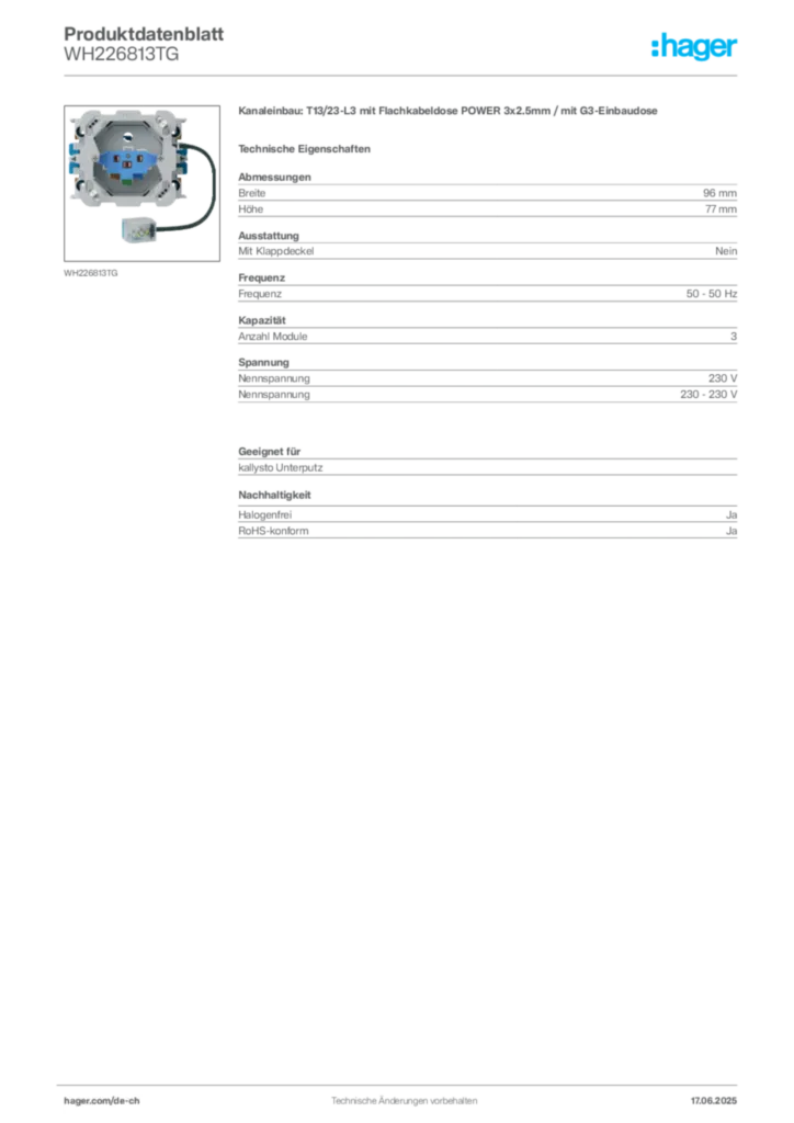 Bild Hager Produktdatenblatt WH226813TG | Hager Schweiz