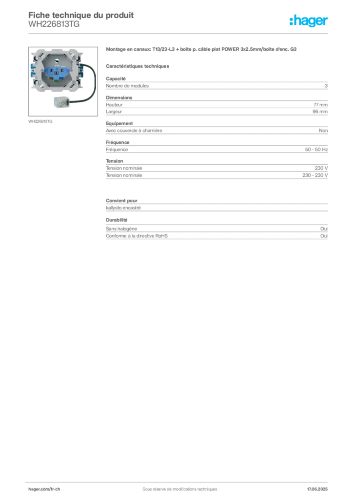 Image Hager Fiche technique du produit WH226813TG | Hager Suisse