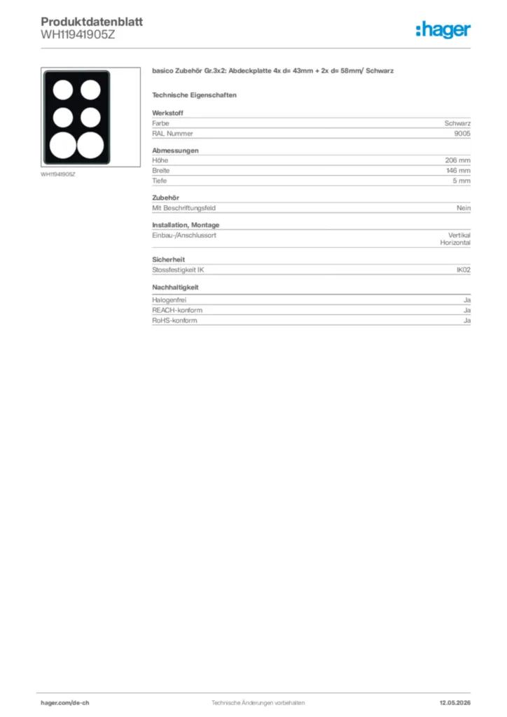 Bild Hager Produktdatenblatt WH11941905Z | Hager Schweiz