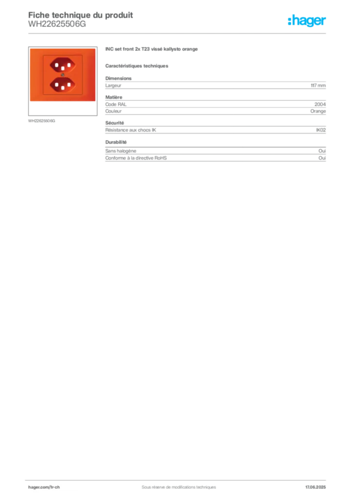 Image Hager Fiche technique du produit WH22625506G | Hager Suisse