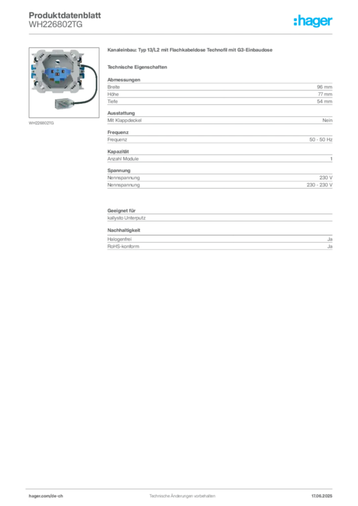 Bild Hager Produktdatenblatt WH226802TG | Hager Schweiz