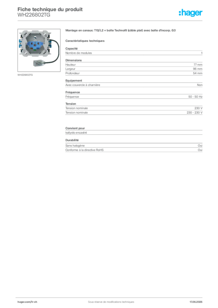 Image Hager Fiche technique du produit WH226802TG | Hager Suisse
