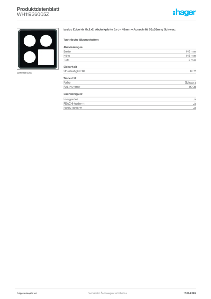 Bild Hager Produktdatenblatt WH11936005Z | Hager Schweiz