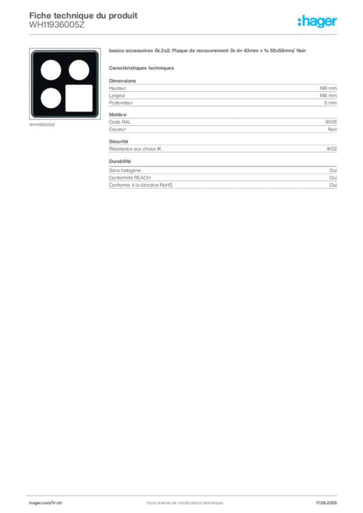 Image Hager Fiche technique du produit WH11936005Z | Hager Suisse