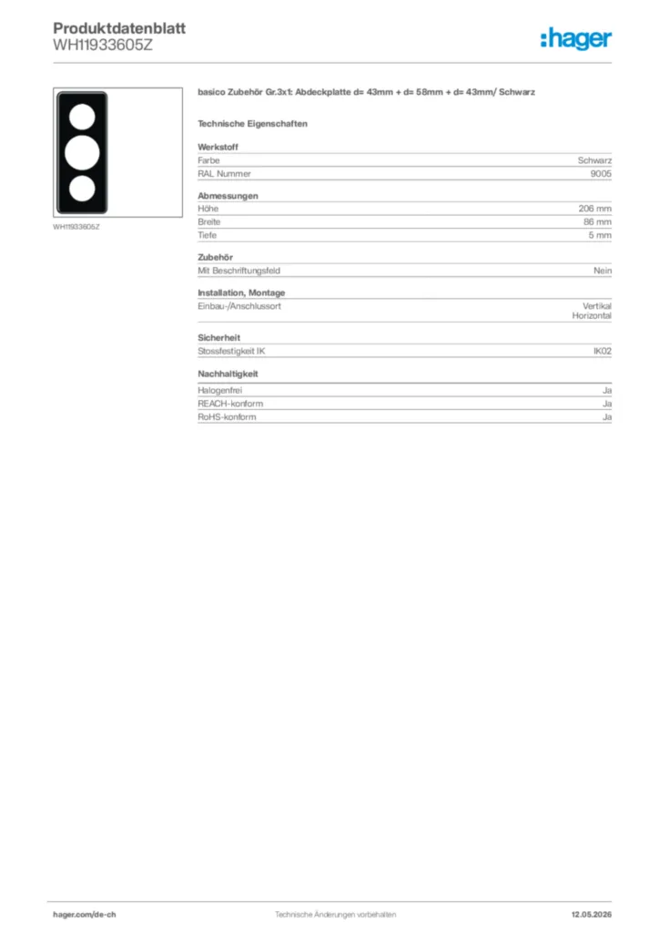 Bild Hager Produktdatenblatt WH11933605Z | Hager Schweiz
