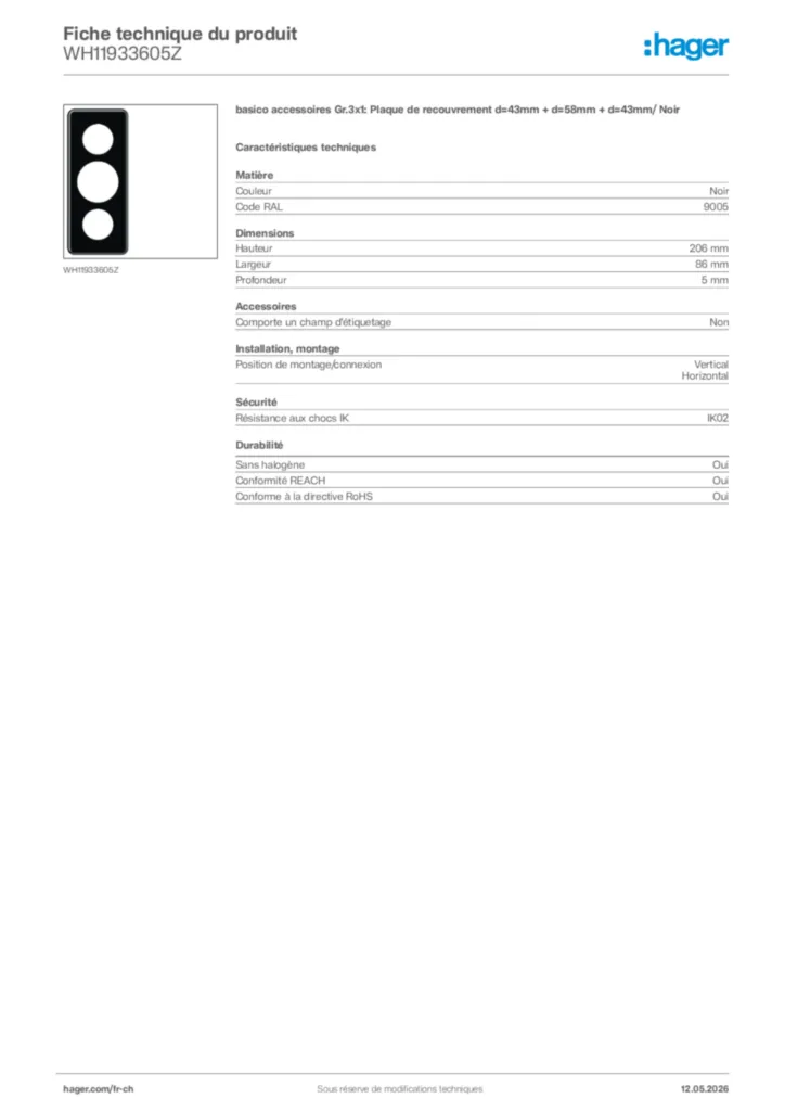 Image Hager Fiche technique du produit WH11933605Z | Hager Suisse