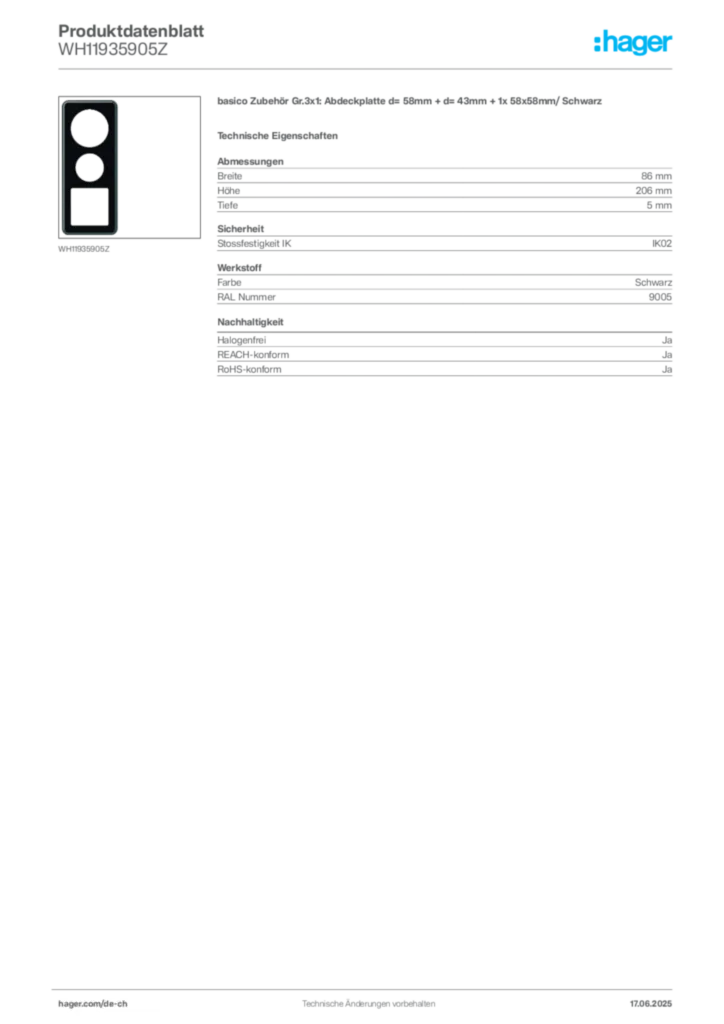 Bild Hager Produktdatenblatt WH11935905Z | Hager Schweiz