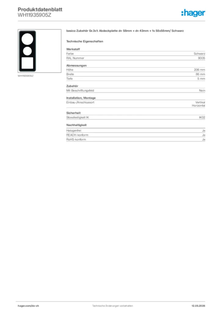 Bild Hager Produktdatenblatt WH11935905Z | Hager Schweiz