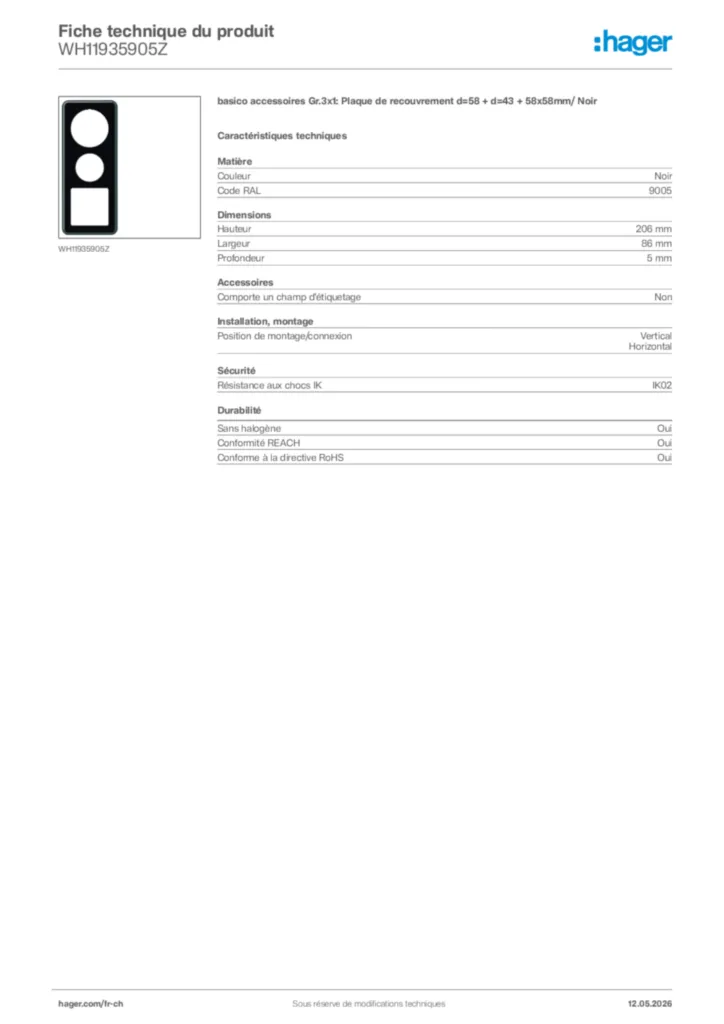 Image Hager Fiche technique du produit WH11935905Z | Hager Suisse