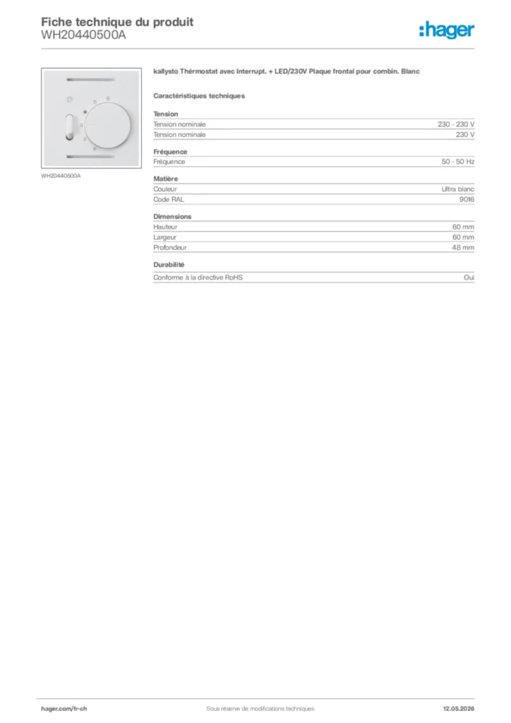 Image Hager Fiche technique du produit WH20440500A | Hager Suisse