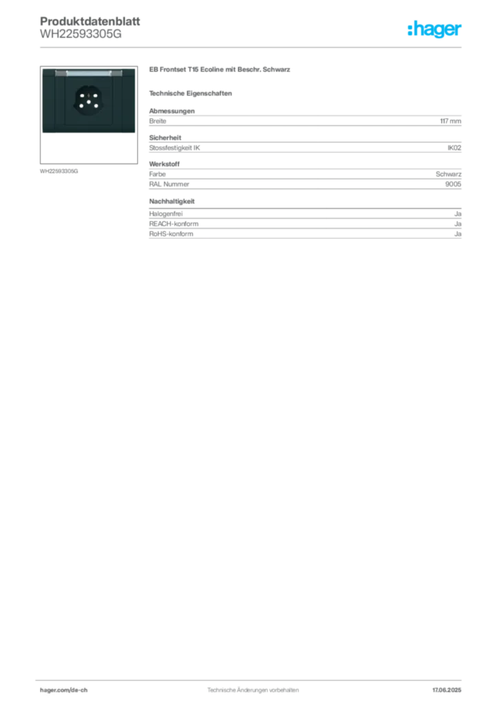 Bild Hager Produktdatenblatt WH22593305G | Hager Schweiz