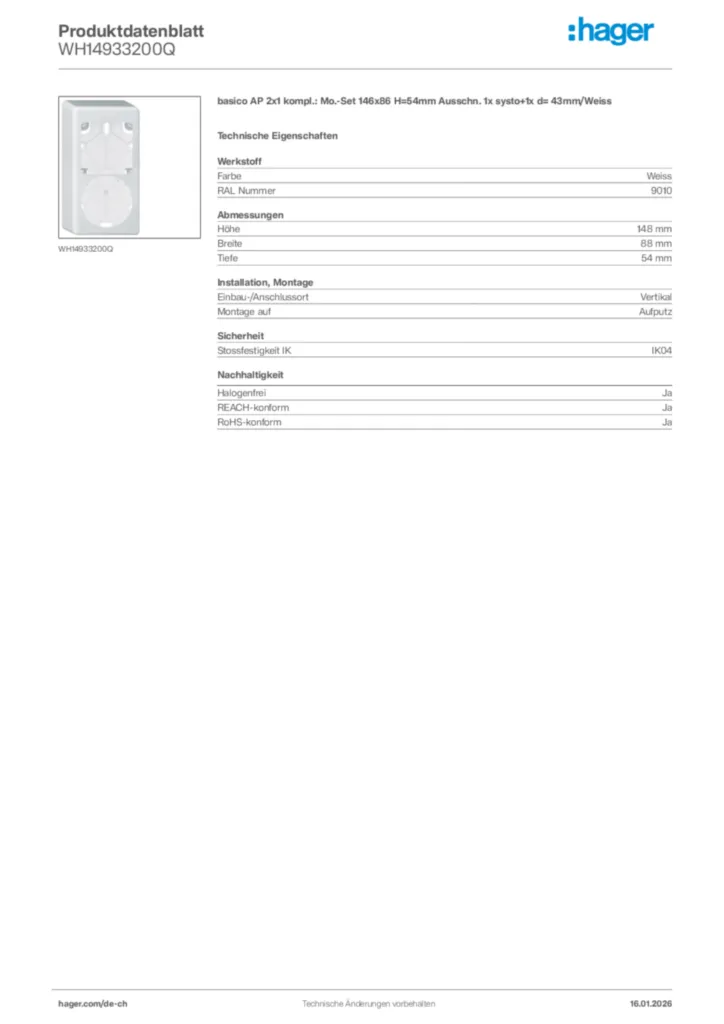 Bild Hager Produktdatenblatt WH14933200Q | Hager Schweiz