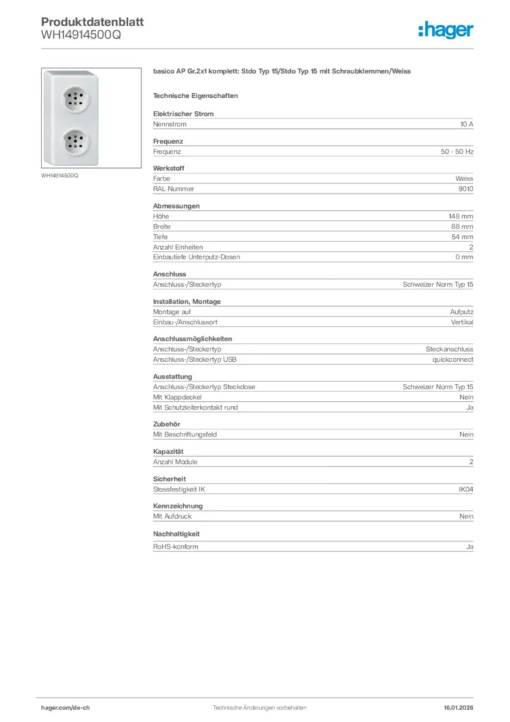 Bild Hager Produktdatenblatt WH14914500Q | Hager Schweiz