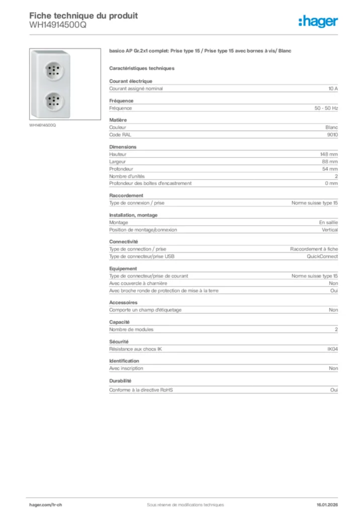 Image Hager Fiche technique du produit WH14914500Q | Hager Suisse