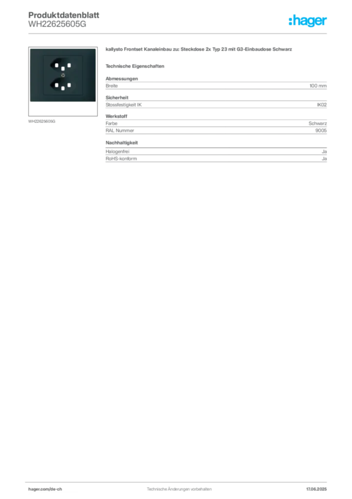 Bild Hager Produktdatenblatt WH22625605G | Hager Schweiz