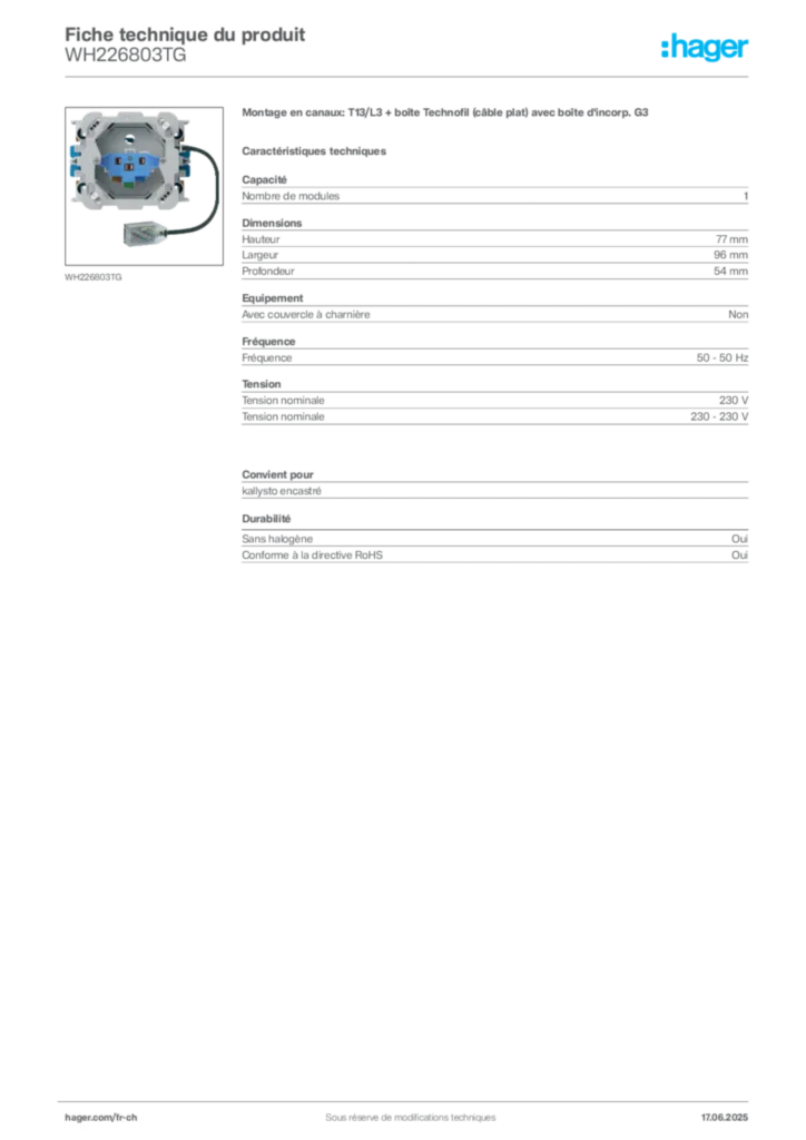 Image Hager Fiche technique du produit WH226803TG | Hager Suisse