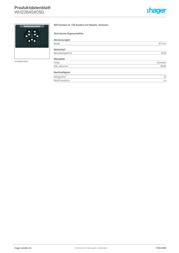 Bild Hager Produktdatenblatt WH22645405G | Hager Schweiz