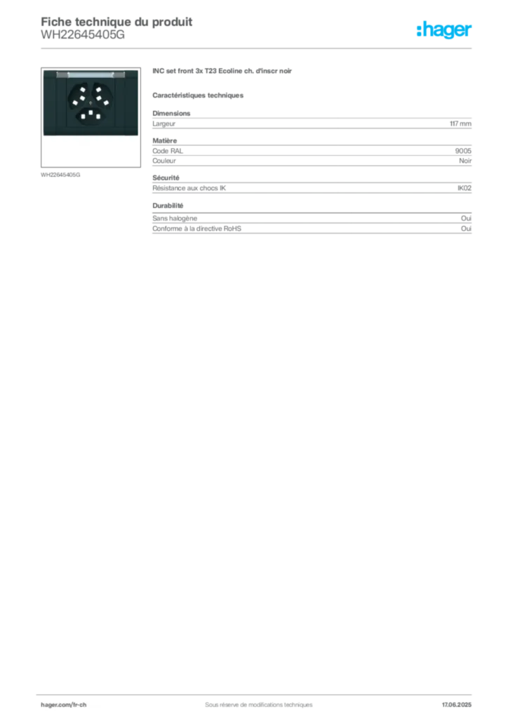 Image Hager Fiche technique du produit WH22645405G | Hager Suisse