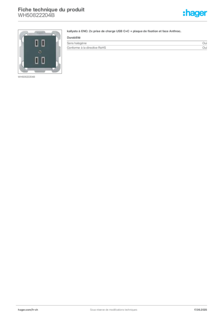 Image Hager Fiche technique du produit WH50822204B | Hager Suisse