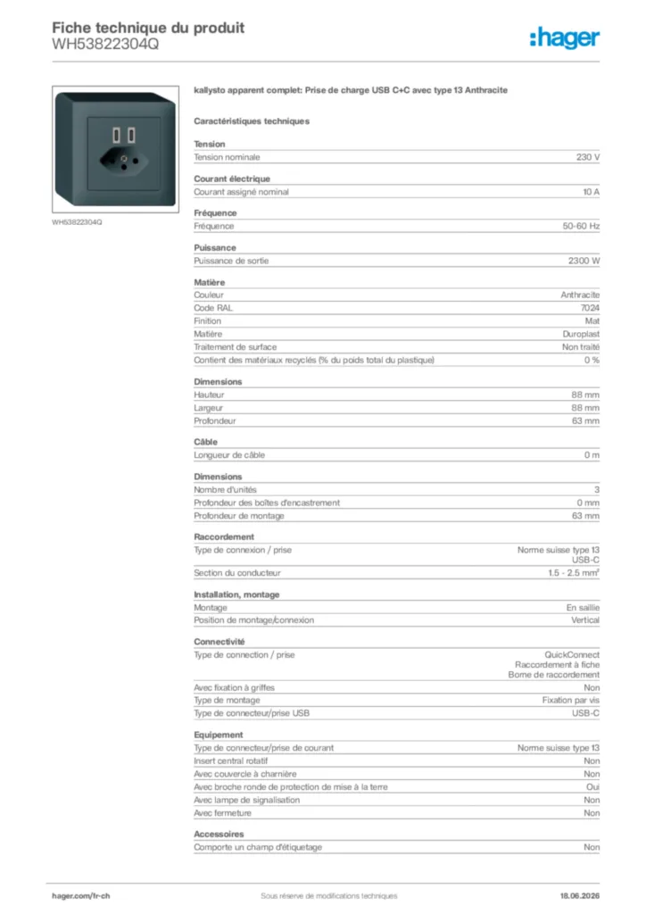 Image Hager Fiche technique du produit WH53822304Q | Hager Suisse
