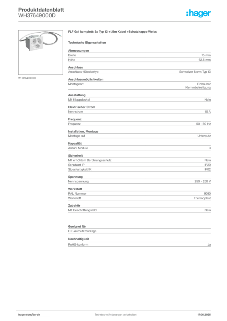 Bild Hager Produktdatenblatt WH37649000D | Hager Schweiz