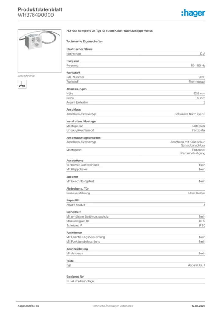 Bild Hager Produktdatenblatt WH37649000D | Hager Schweiz