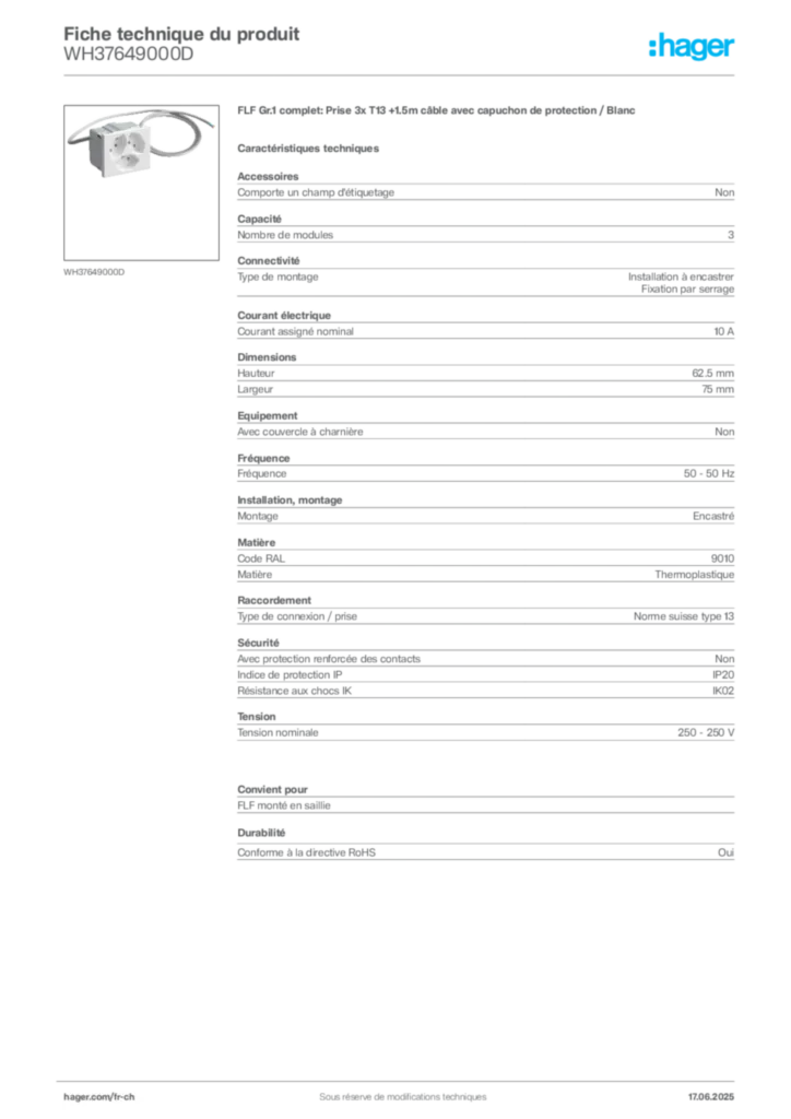 Image Hager Fiche technique du produit WH37649000D | Hager Suisse