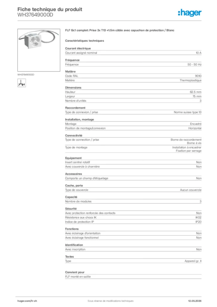 Image Hager Fiche technique du produit WH37649000D | Hager Suisse