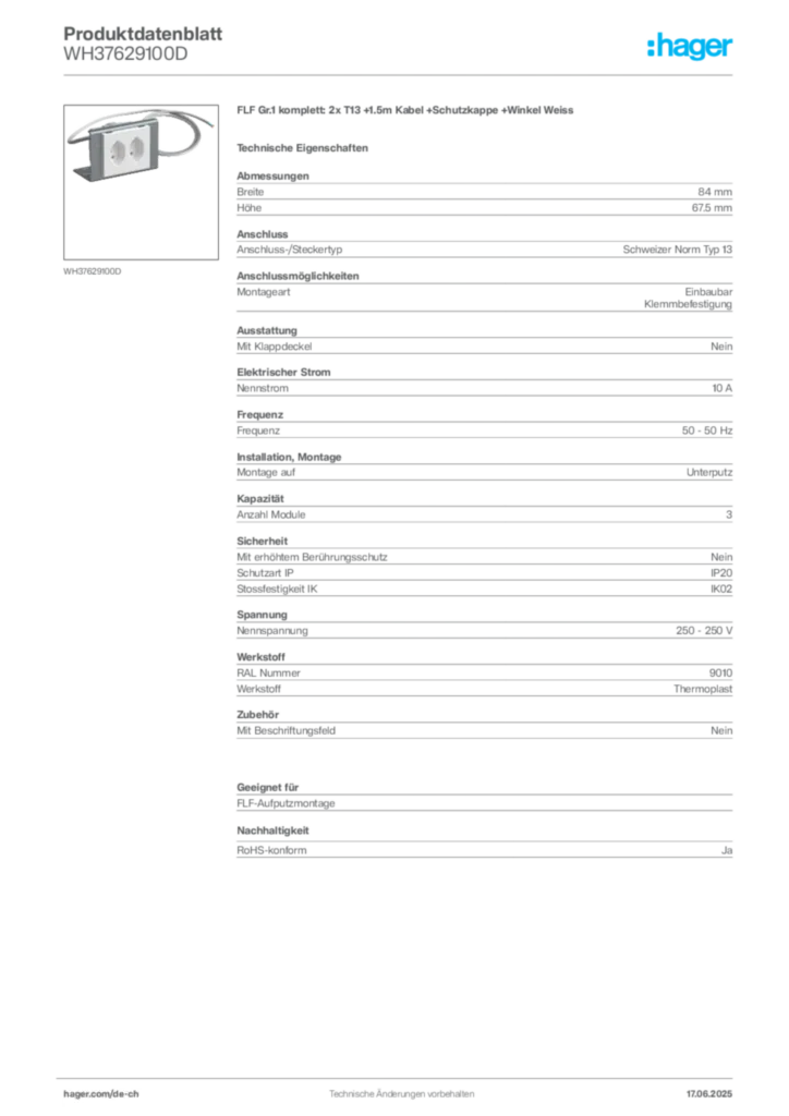 Bild Hager Produktdatenblatt WH37629100D | Hager Schweiz