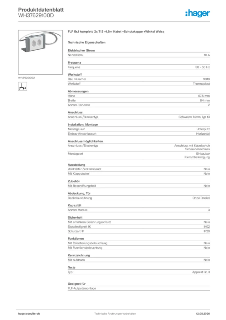 Bild Hager Produktdatenblatt WH37629100D | Hager Schweiz