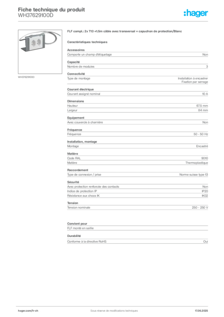 Image Hager Fiche technique du produit WH37629100D | Hager Suisse