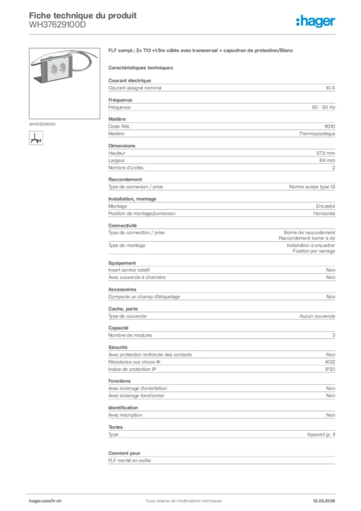 Image Hager Fiche technique du produit WH37629100D | Hager Suisse
