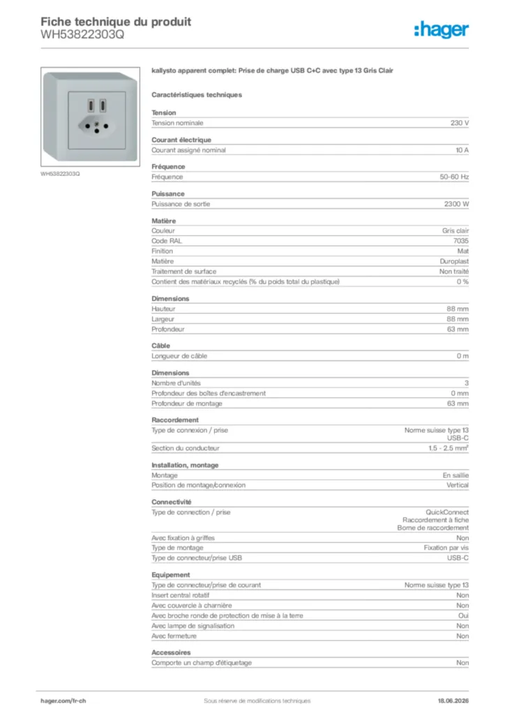 Image Hager Fiche technique du produit WH53822303Q | Hager Suisse