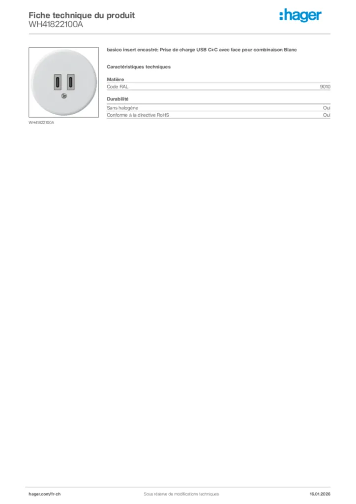 Image Hager Fiche technique du produit WH41822100A | Hager Suisse