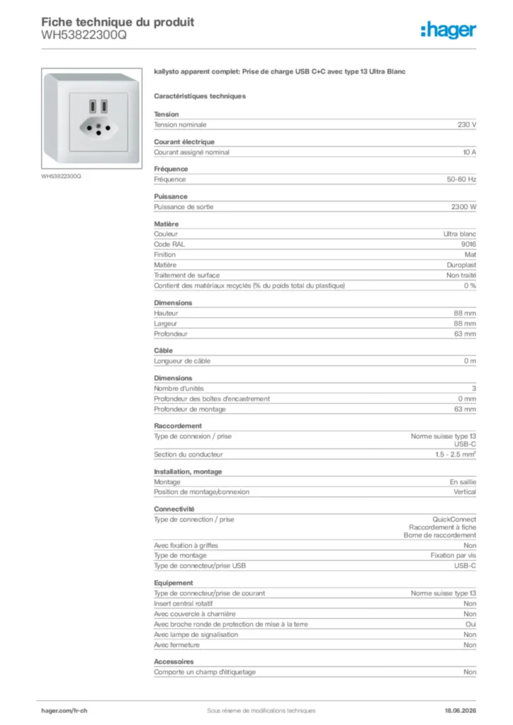 Image Hager Fiche technique du produit WH53822300Q | Hager Suisse