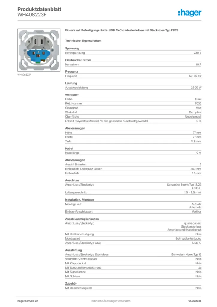 Bild Hager Produktdatenblatt WH408223F | Hager Schweiz