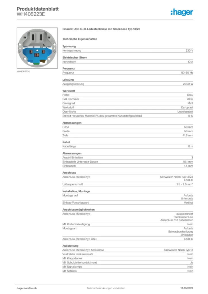 Bild Hager Produktdatenblatt WH408223E | Hager Schweiz
