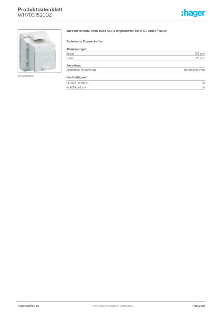 Bild Hager Produktdatenblatt WH70315200Z | Hager Schweiz