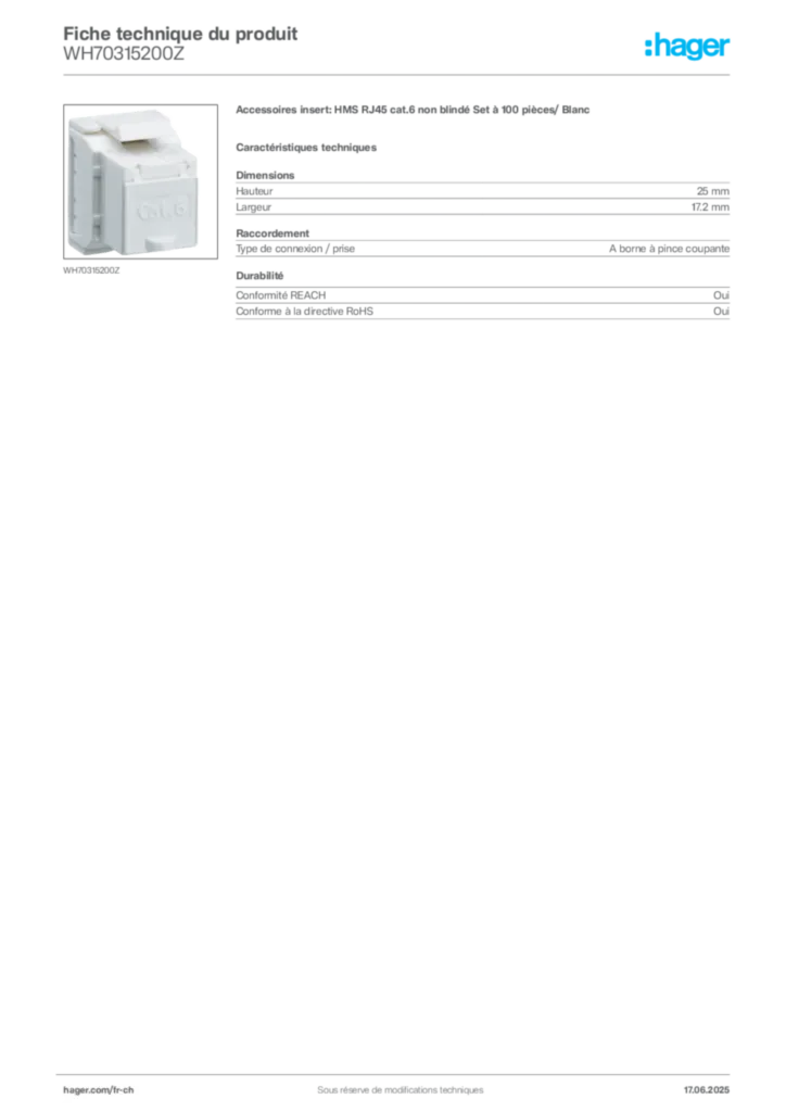 Image Hager Fiche technique du produit WH70315200Z | Hager Suisse