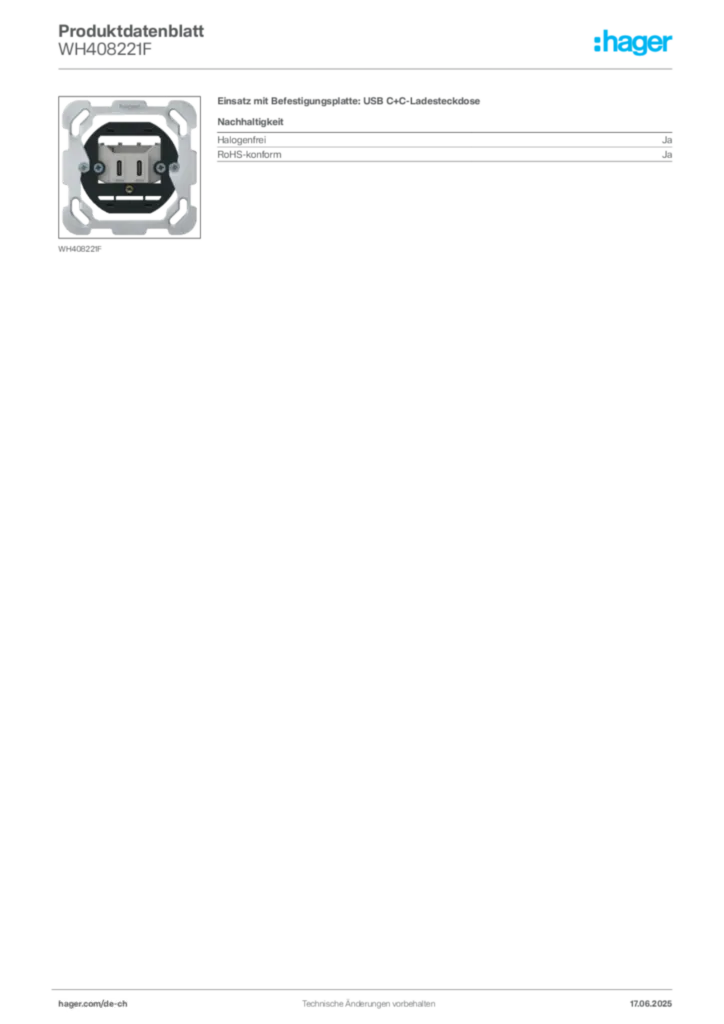 Bild Hager Produktdatenblatt WH408221F | Hager Schweiz