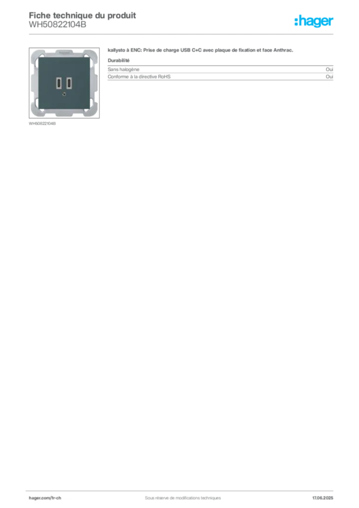 Image Hager Fiche technique du produit WH50822104B | Hager Suisse