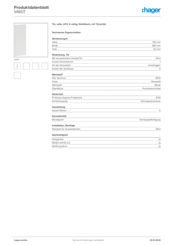 Bild Hager Produktdatenblatt VA60T | Hager Deutschland
