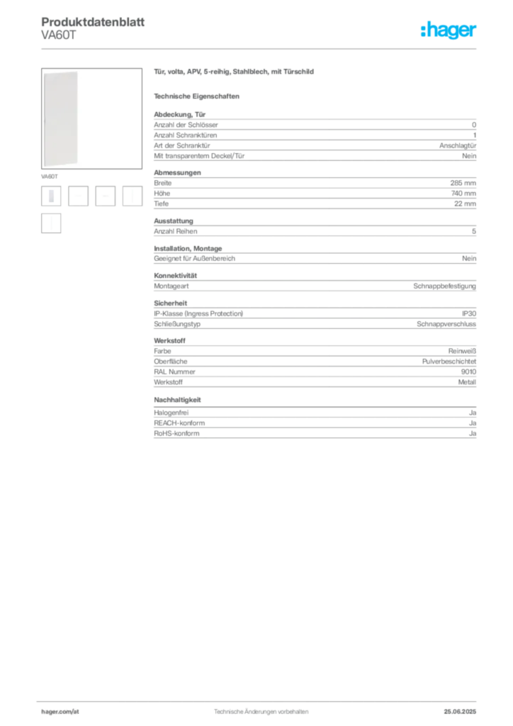 Bild Hager Produktdatenblatt VA60T | Hager Deutschland