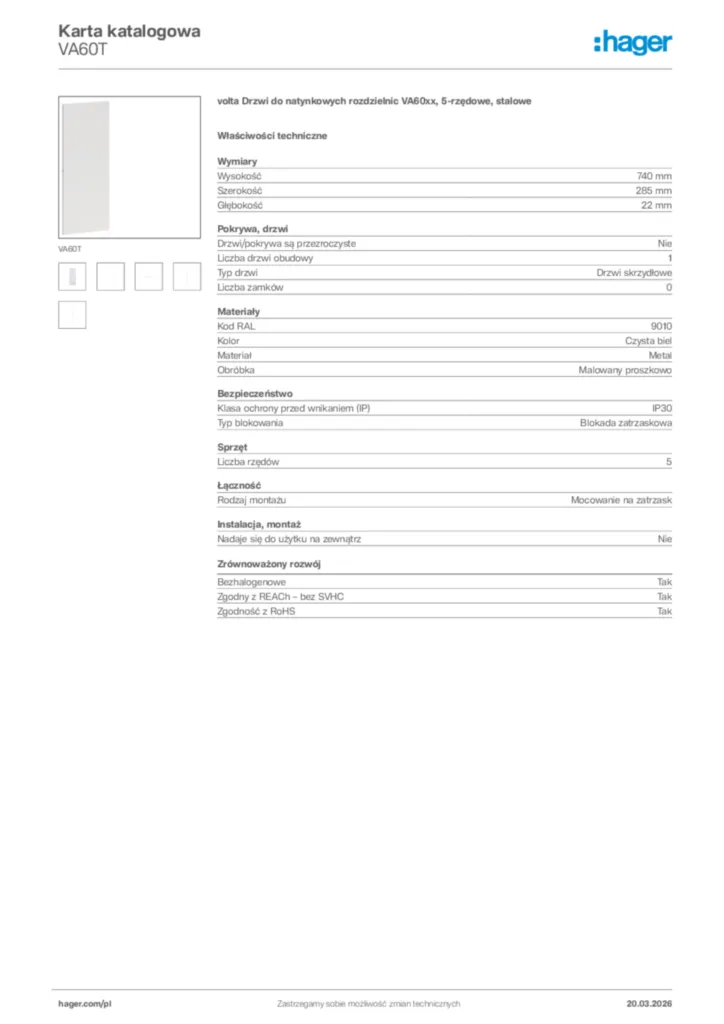 Zdjęcie Hager Karta katalogowa VA60T | Hager Polska