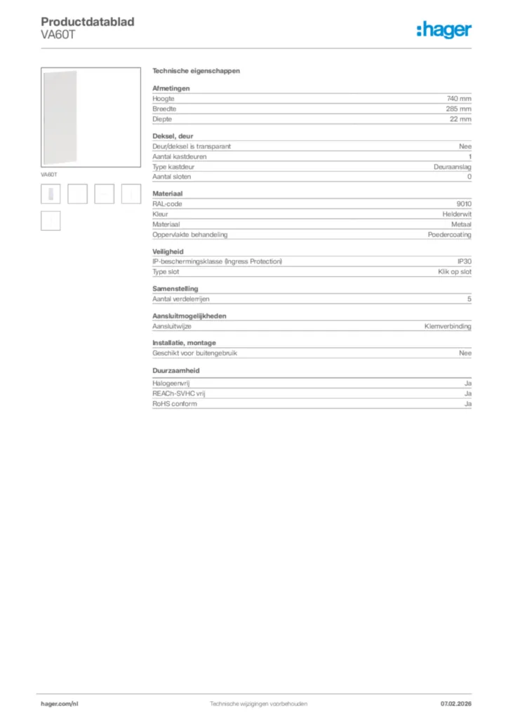 Afbeelding Hager Productdatablad VA60T | Hager Nederland