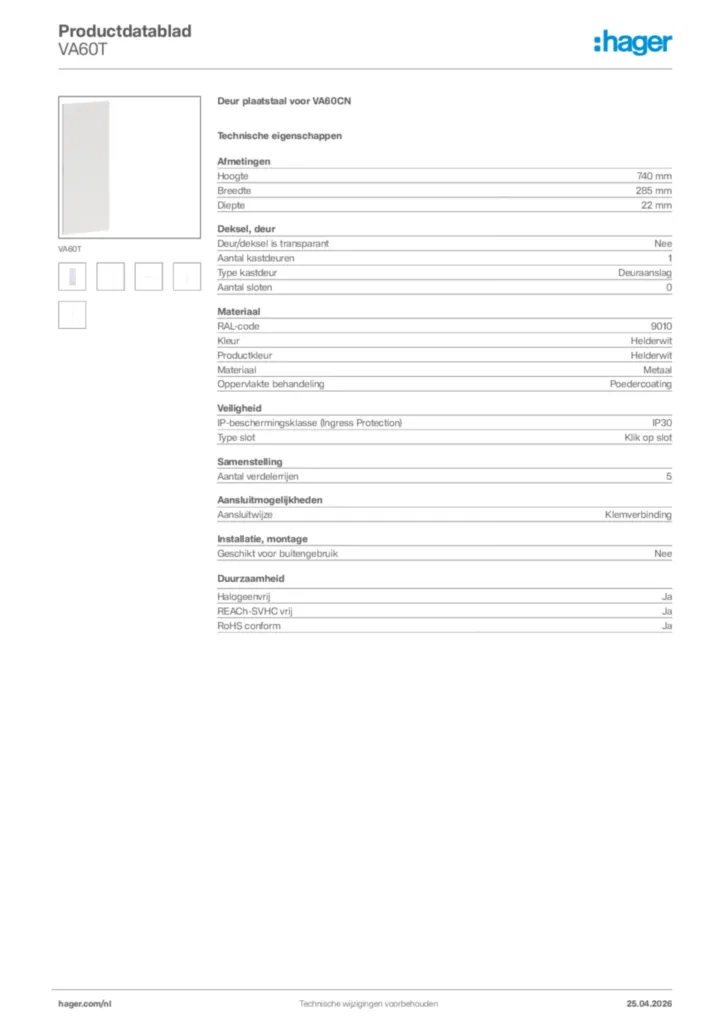 Afbeelding Hager Productdatablad VA60T | Hager Nederland