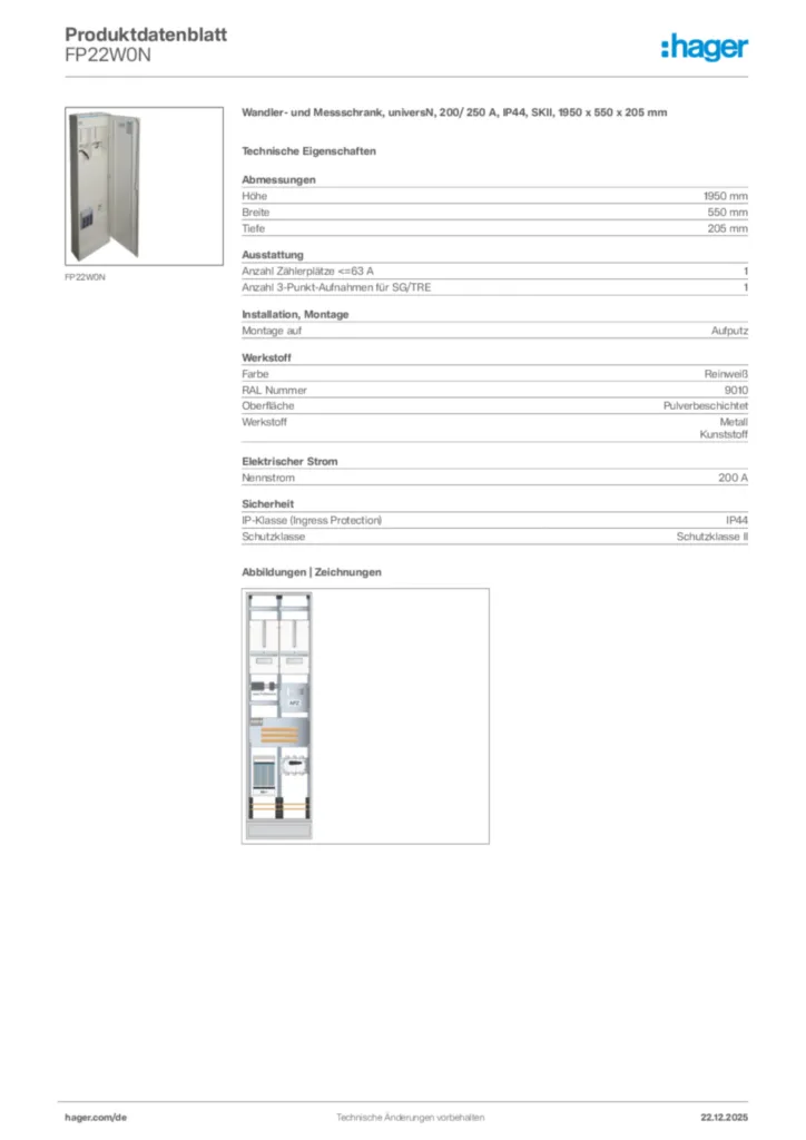 Bild Hager Produktdatenblatt FP22W0N | Hager Deutschland