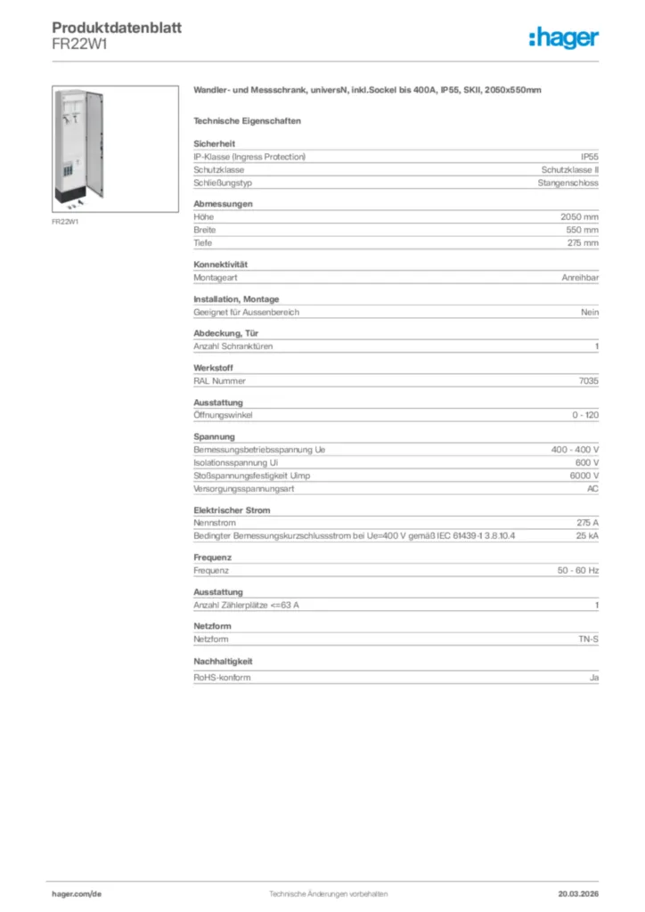 Bild Hager Produktdatenblatt FR22W1 | Hager Deutschland